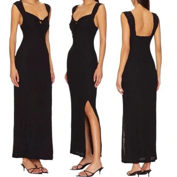 Free People Eleni Bodycon Maxi Dress Size M Black Smocked Side Slit - Picture 1 of 14